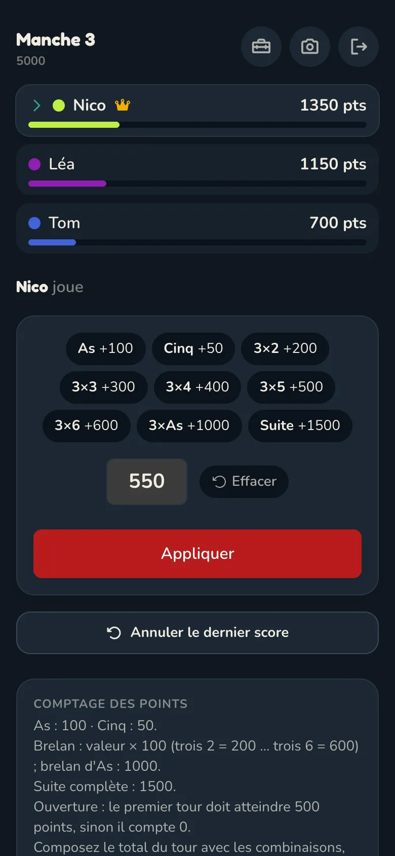 Écran de feuille de score Scoria pour 5000
