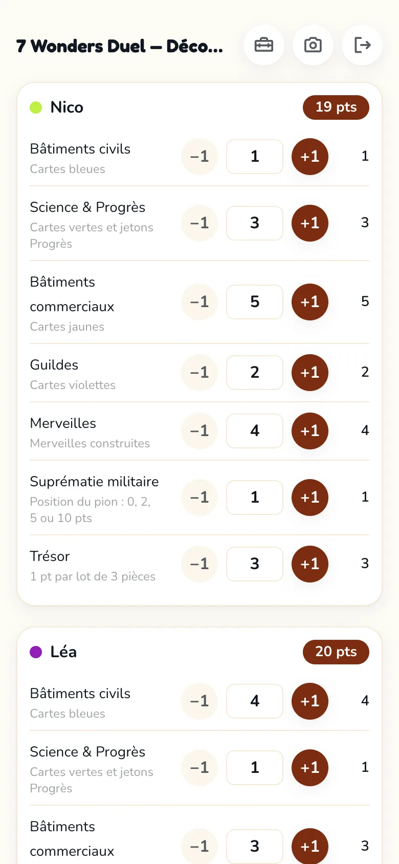 Écran de feuille de score Scoria pour 7 Wonders Duel