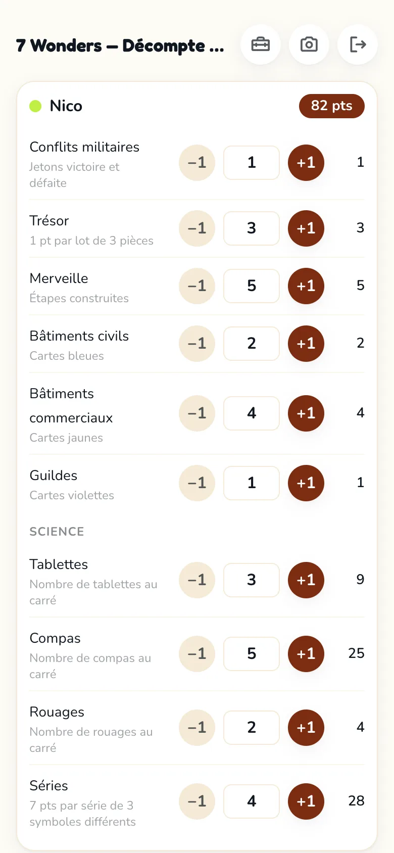 Écran de feuille de score Scoria pour 7 Wonders