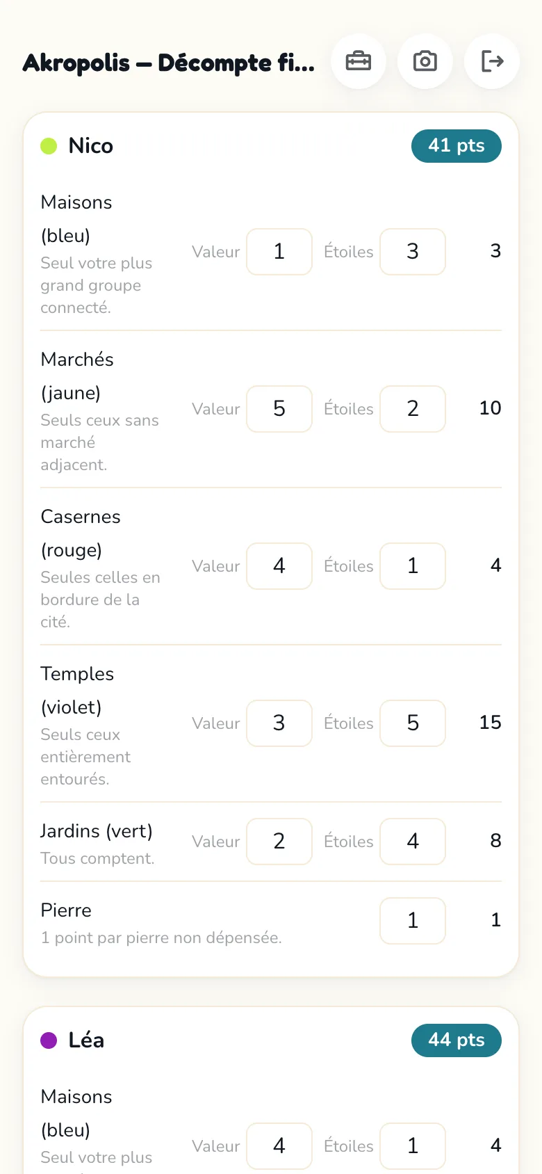 Écran de feuille de score Scoria pour Akropolis