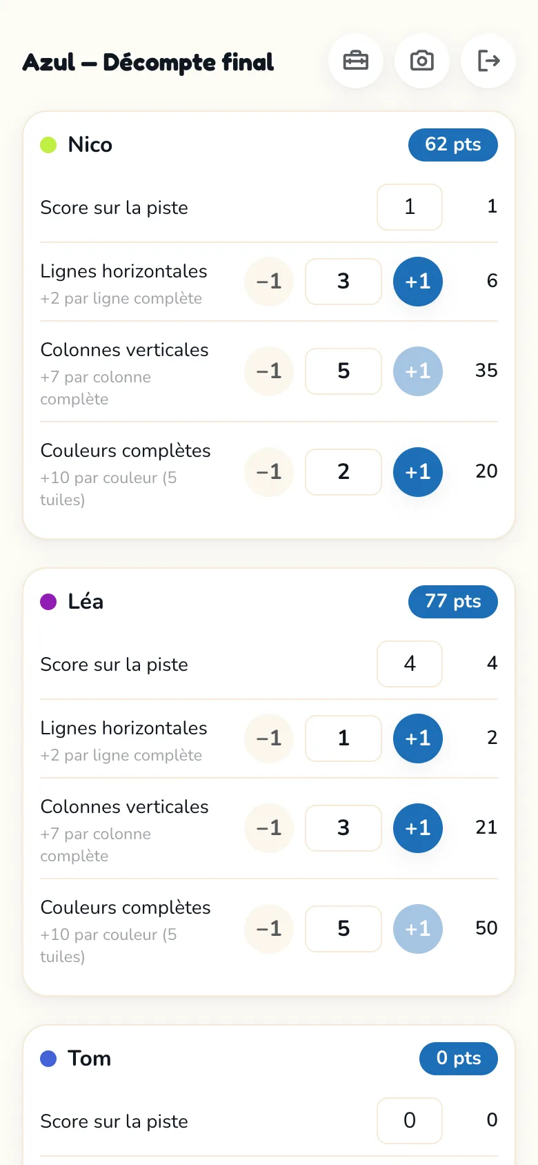 Écran de feuille de score Scoria pour Azul