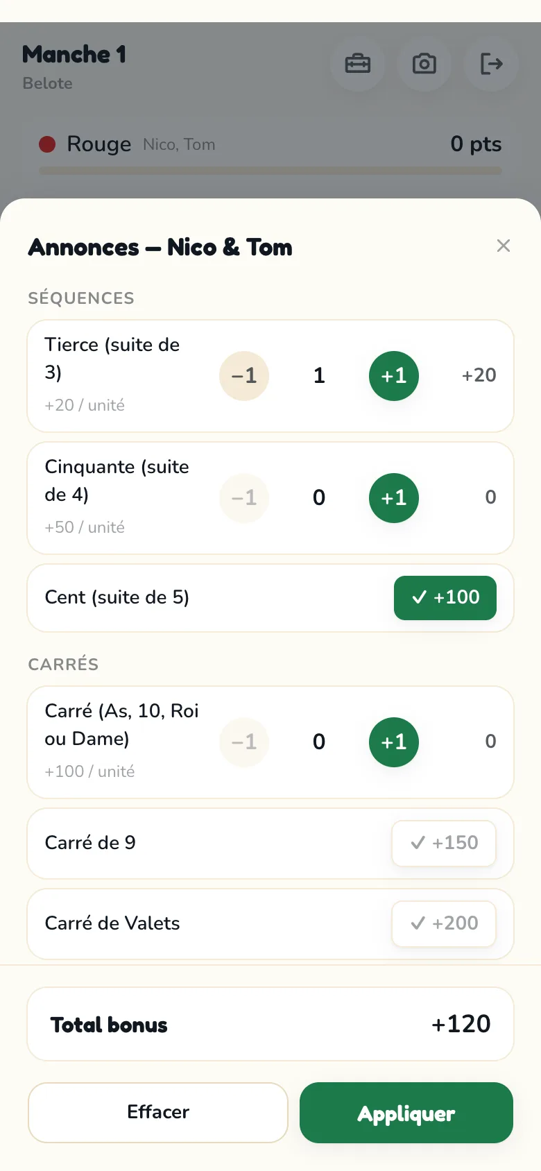 Écran de comptage des bonus Scoria pour Belote