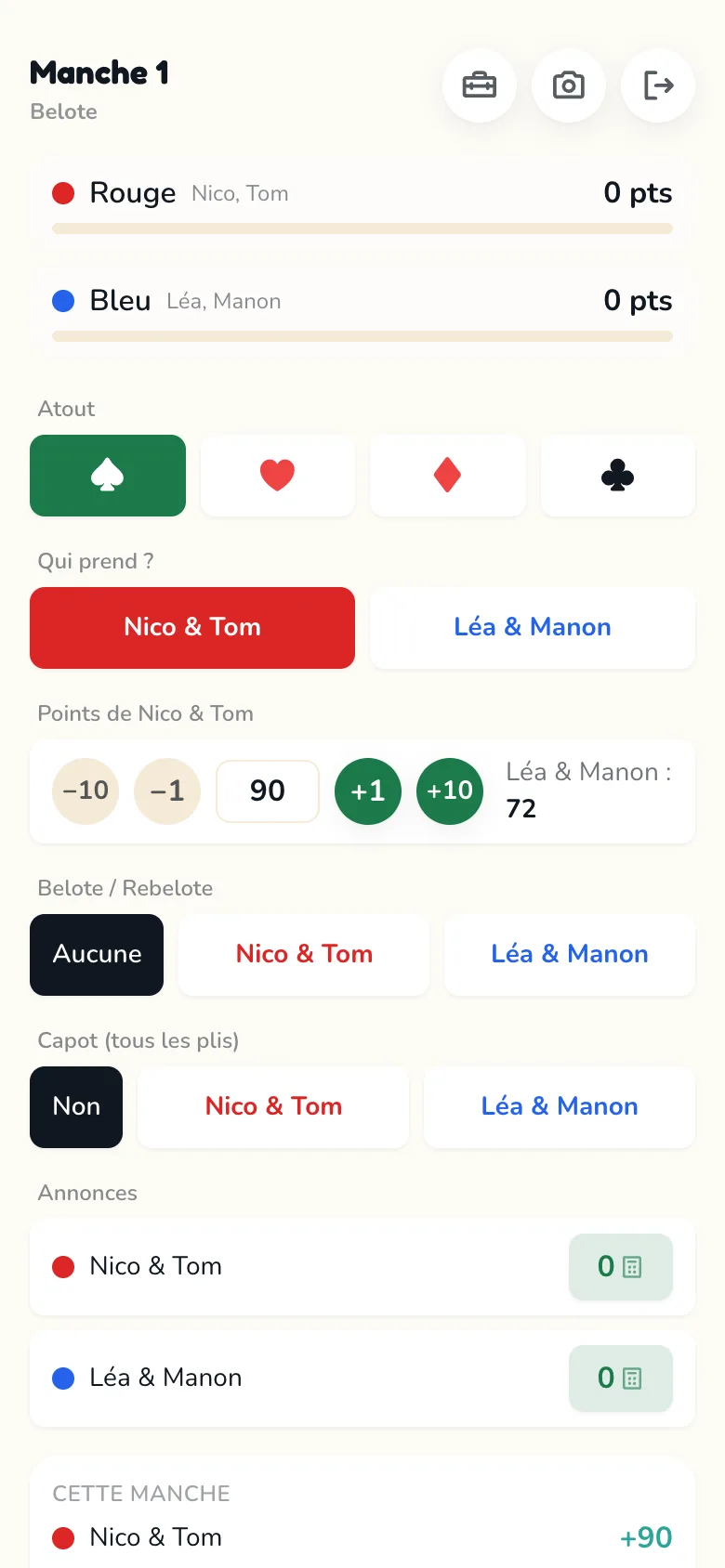 Écran de feuille de score Scoria pour Belote