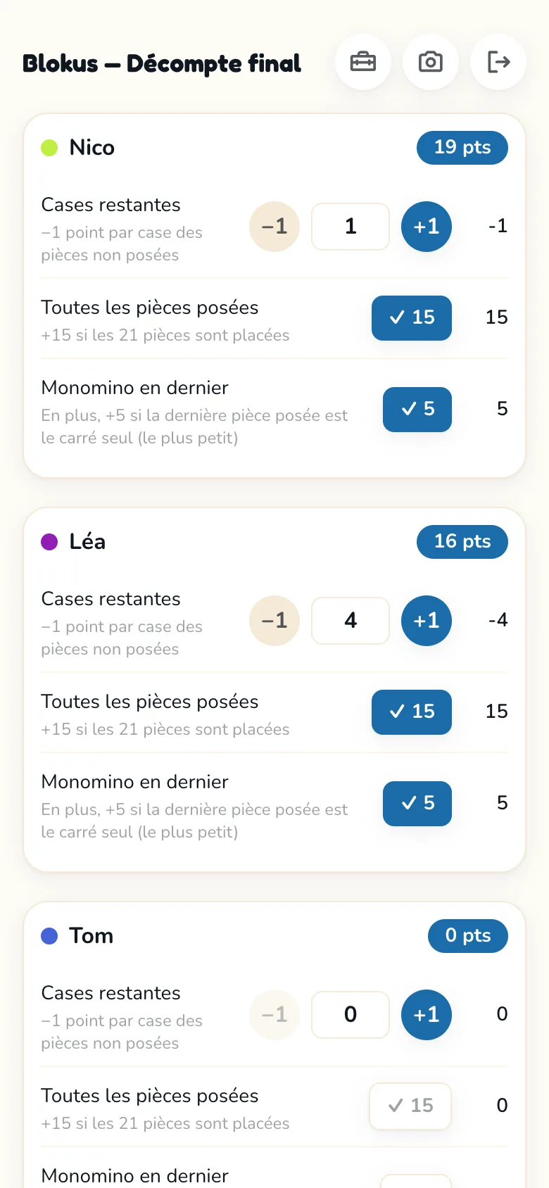 Écran de feuille de score Scoria pour Blokus