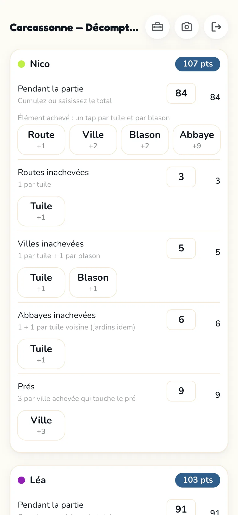 Schermata segnapunti di Scoria per Carcassonne