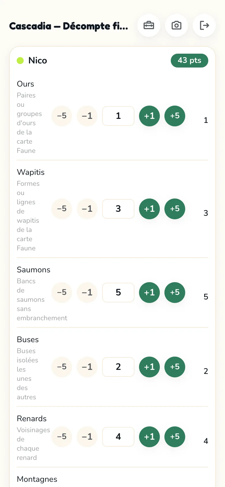 Écran de feuille de score Scoria pour Cascadia