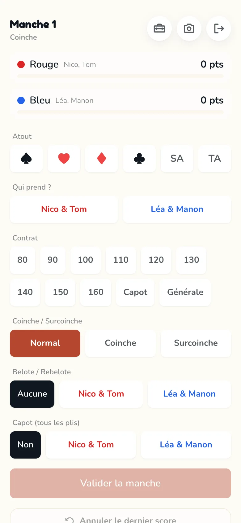 Écran de feuille de score Scoria pour Coinche