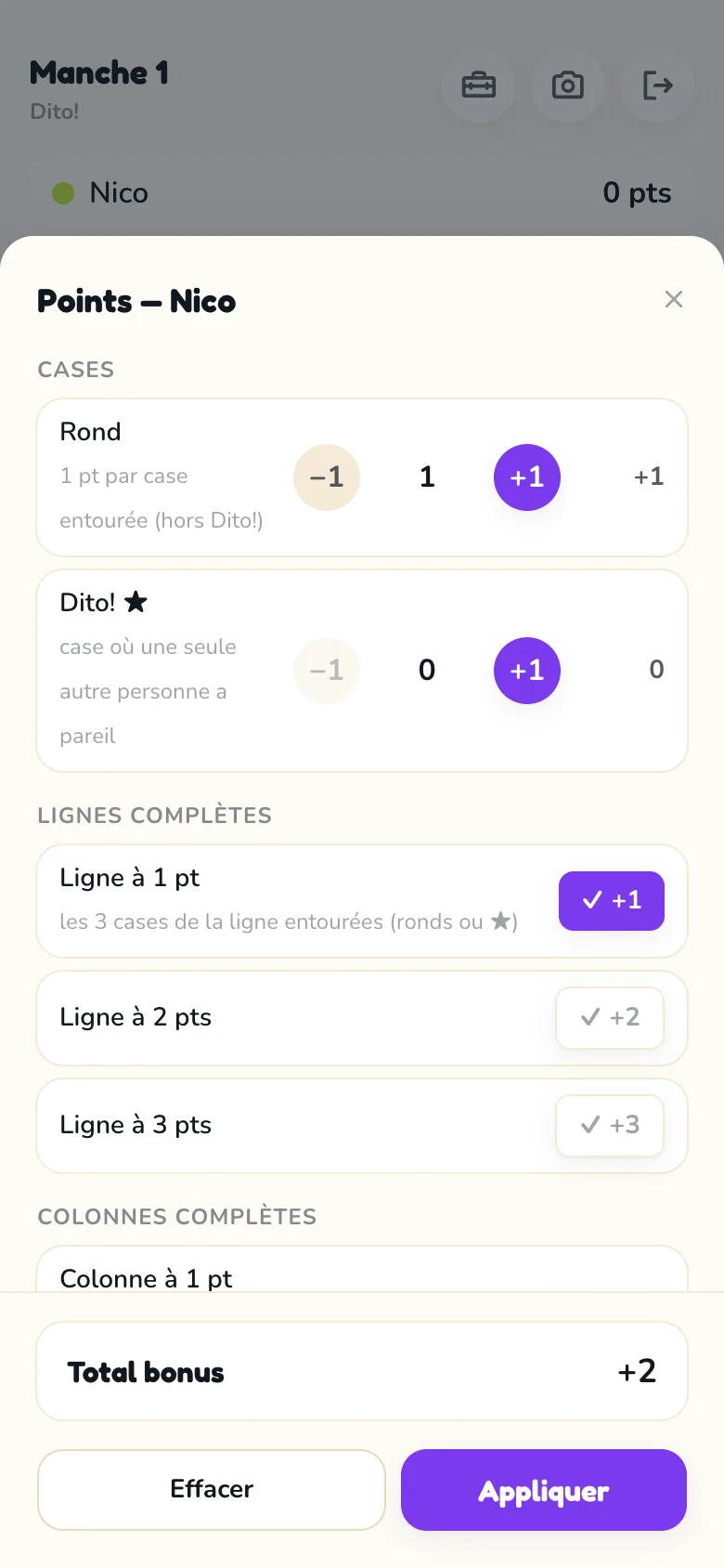 Écran de comptage des bonus Scoria pour Dito!
