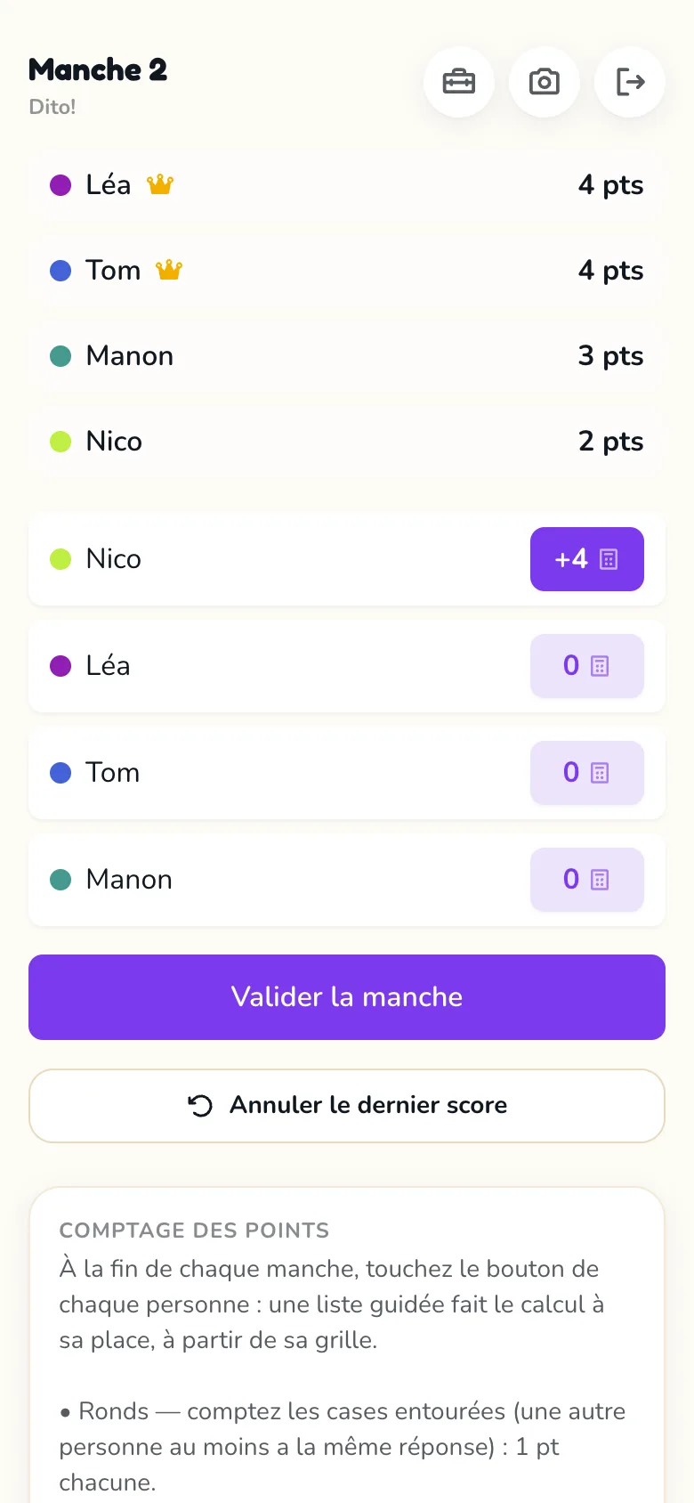 Écran de feuille de score Scoria pour Dito!