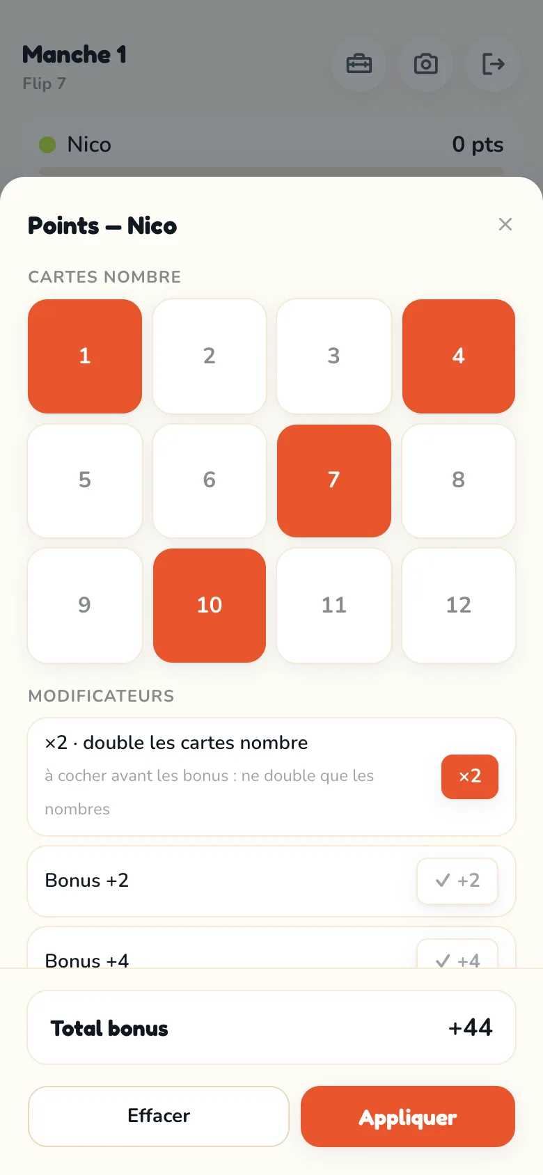 Écran de comptage des bonus Scoria pour Flip 7
