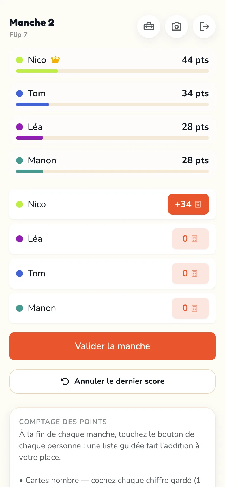 Écran de feuille de score Scoria pour Flip 7