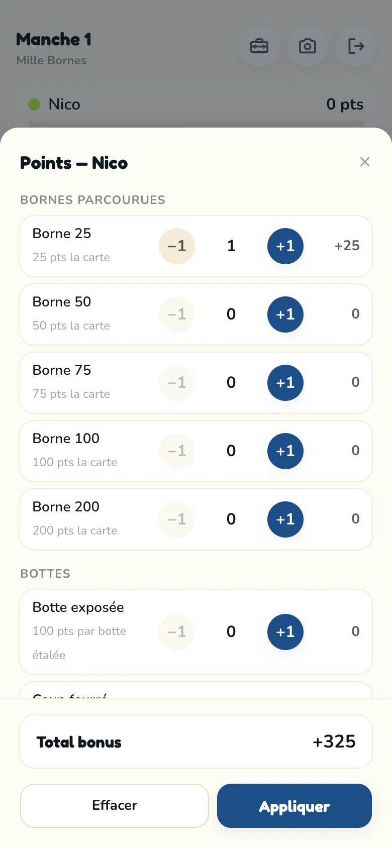 Écran de comptage des bonus Scoria pour Mille Bornes