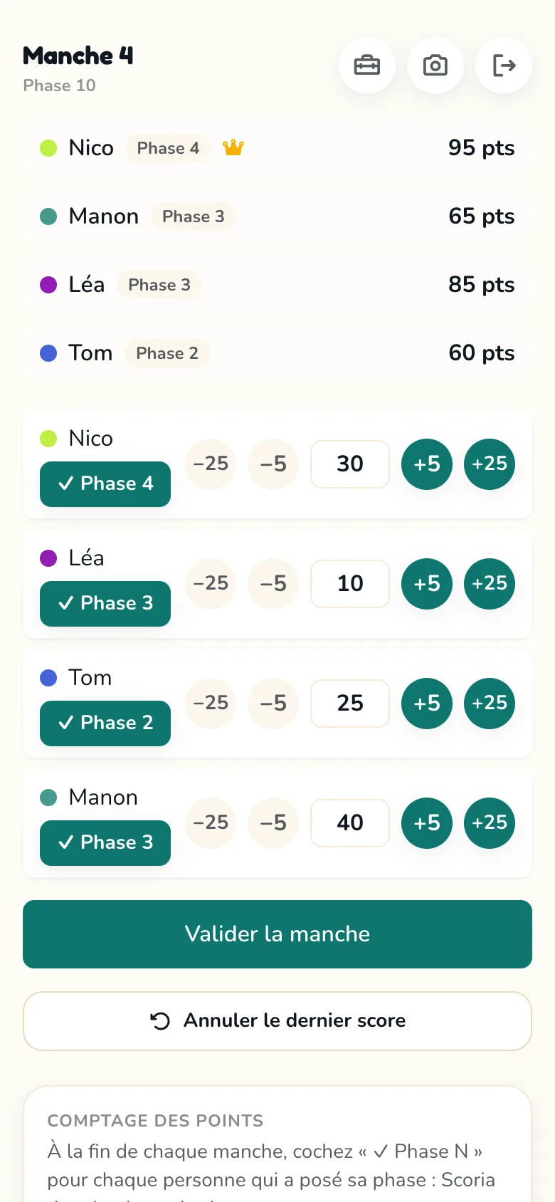 Ecrã de marcador do Scoria para Phase 10