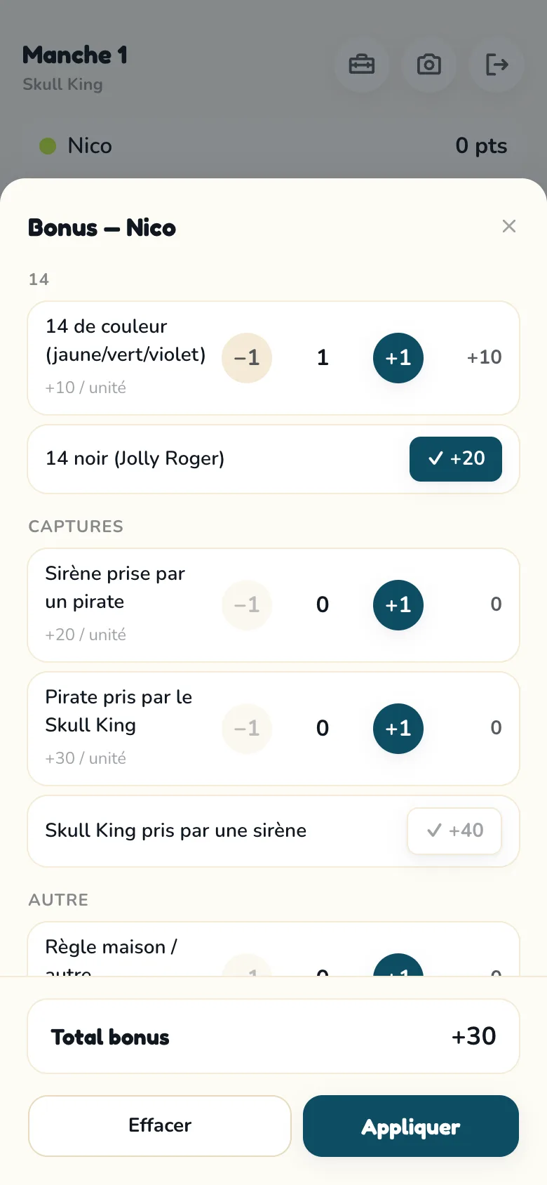 Écran de comptage des bonus Scoria pour Skull King