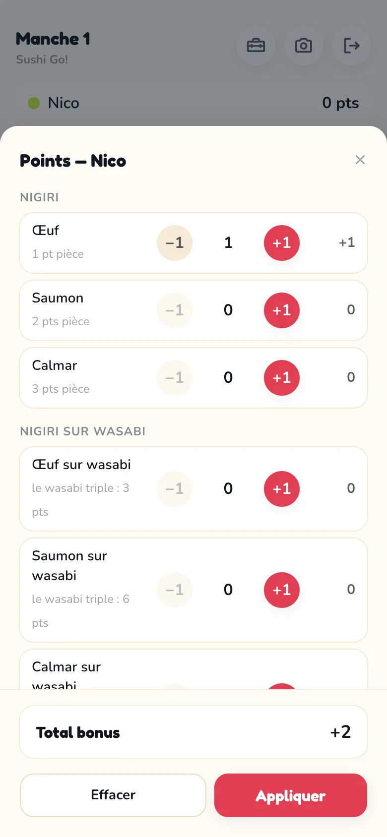 Écran de comptage des bonus Scoria pour Sushi Go!