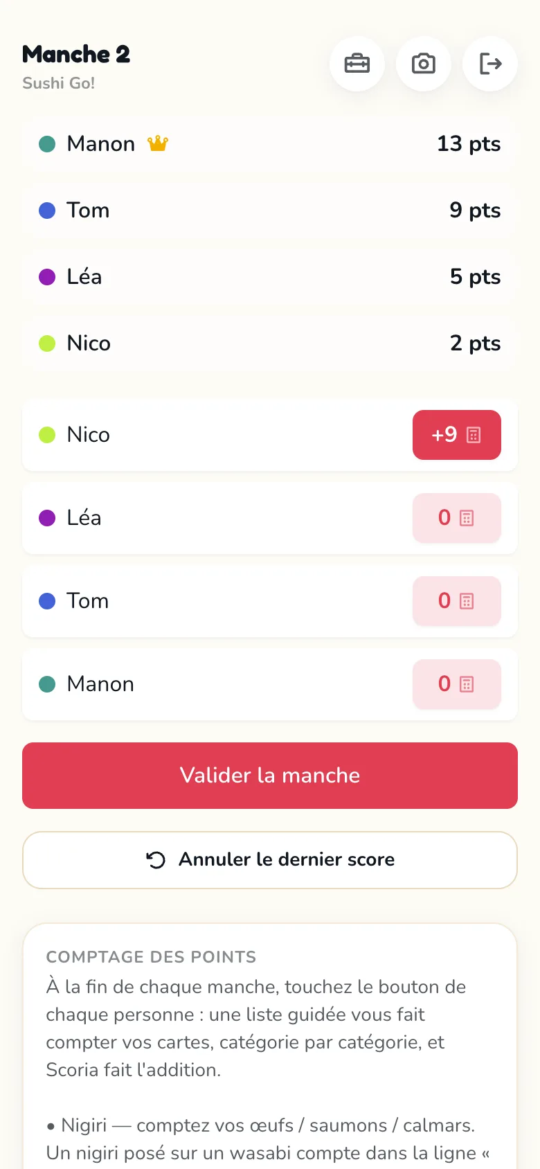 Écran de feuille de score Scoria pour Sushi Go!