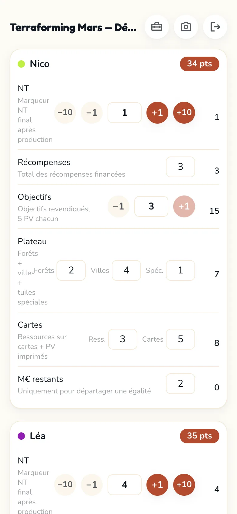Écran de feuille de score Scoria pour Terraforming Mars