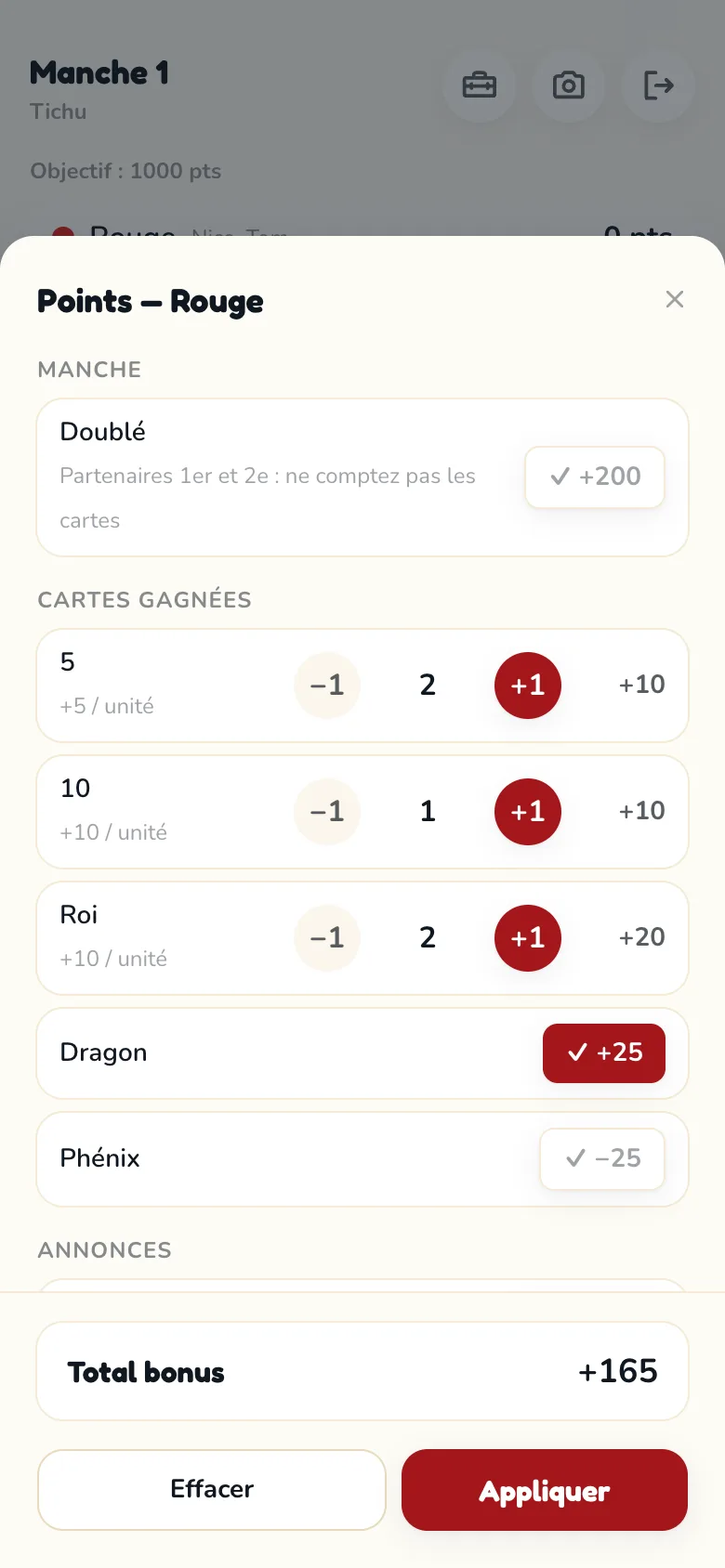 Schermata conteggio bonus di Scoria per Tichu