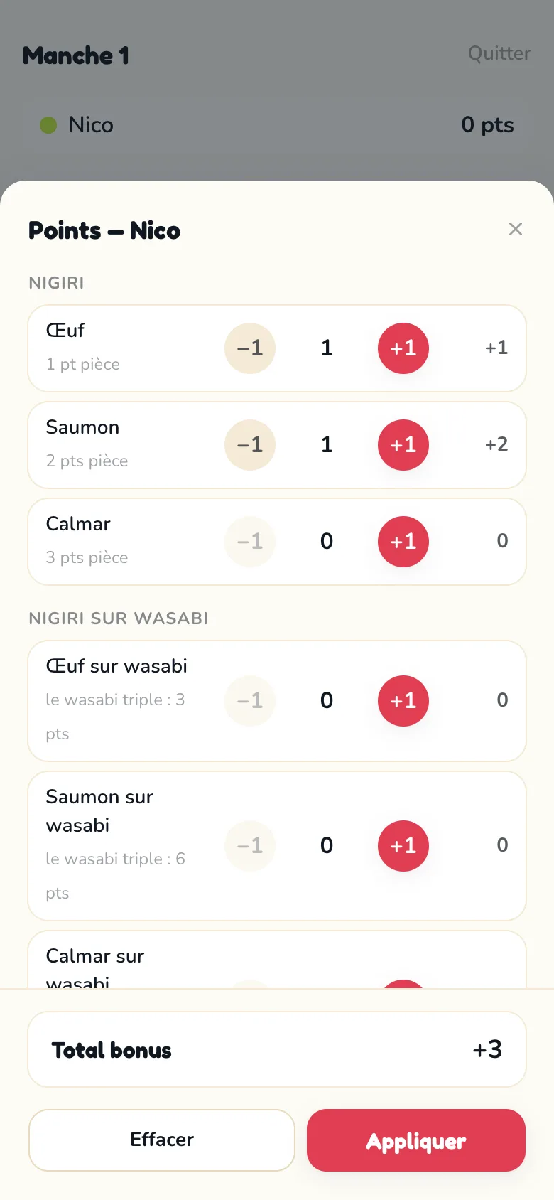 Modale d'ajout de bonus Scoria pour Sushi Go!